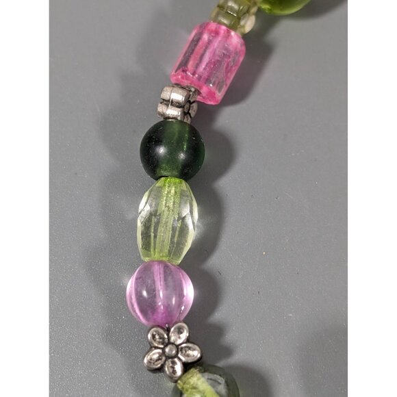 Green Pink Glass Bead Flower Toggle Bracelet Boho Festival Beachy 7" Star - Picture 6 of 9